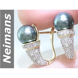 8.5 MM Black Tahitian Pearl & Diamond Earrings 14kt Gold