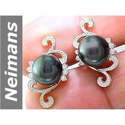9.5 MM Black Tahitian Pearl & Diamond Earrings 14kt Gold
