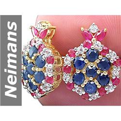 5.88 ct Blue, White Sapphire & Ruby Earrings 14kt Gold