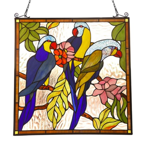 Tropical Parrots Stained Art Glass Hanging Window