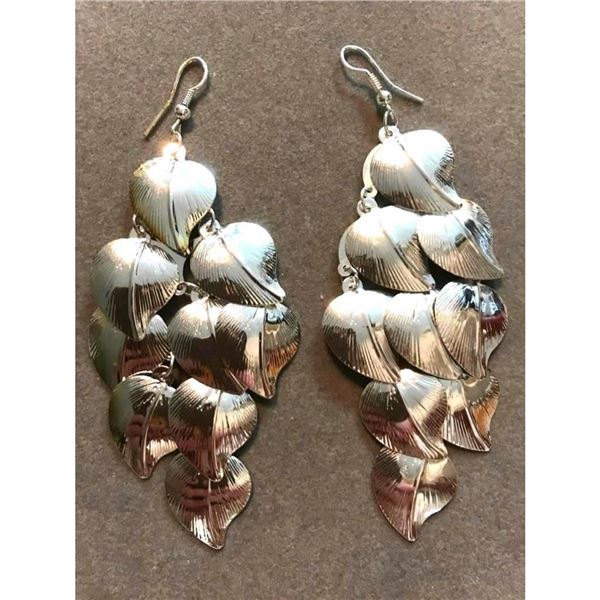 Silver Tone Leaves Drop Dangle Earrings