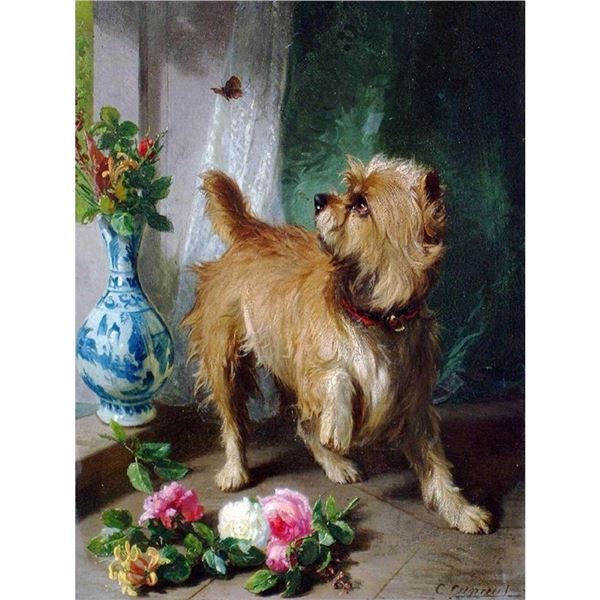 Dog With Butterfly Ceramic Art Tile