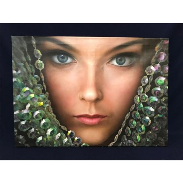 20thc Ukrainian Photorealism, Jeweled Face Oil Painting