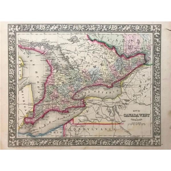19thc Copper Engraving, Mitchell's Map, Canada West