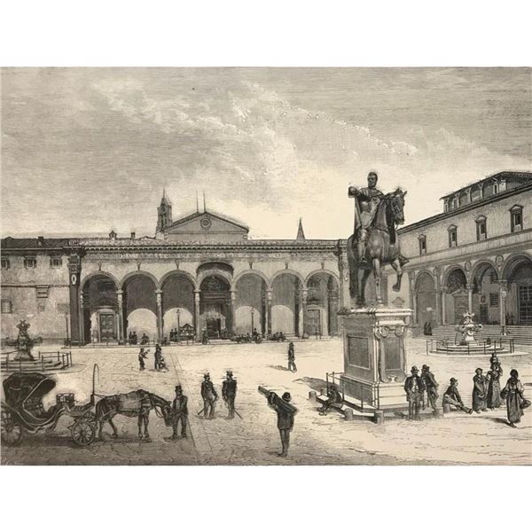 Florence Italy Piazza Church of the Santissima Engraving