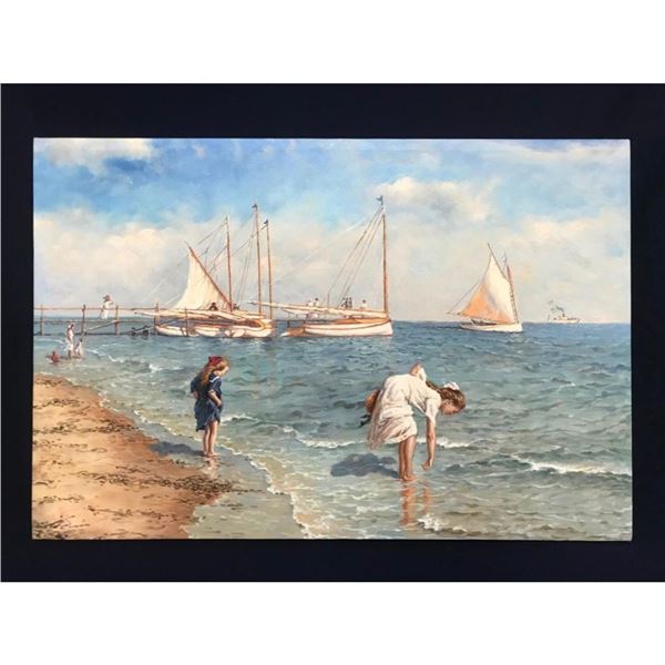 20thc Seaside Sailboats Oil Painting