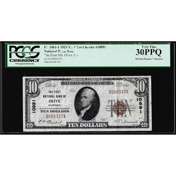 1929 $10 First NB of Olive, CA CH#10891 National Currency Note PCGS Very Fine 30PPQ