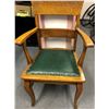Image 1 : Antique Wood Chair with armrests - Green upholstered seat - approx. 38in tall