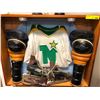Image 2 : Antique Hockey Display Case with Jersey, Skates, Knee Pads & Trophies