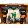 Image 2 : Antique Hockey Display Case with Jersey, Skates, Knee Pads & Trophies