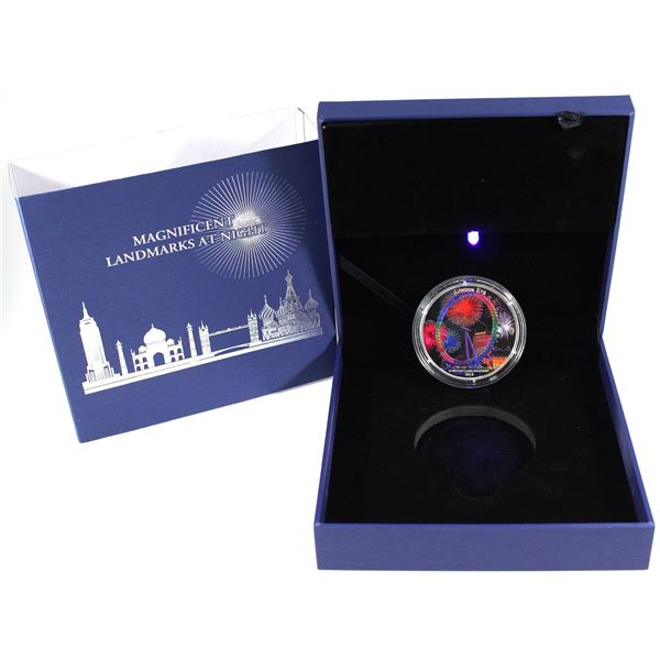 Ivory Coast Issue: 2018 2000 Francs Landmarks At Night - London Eye 2oz .999 Fine Silver Coin Featur