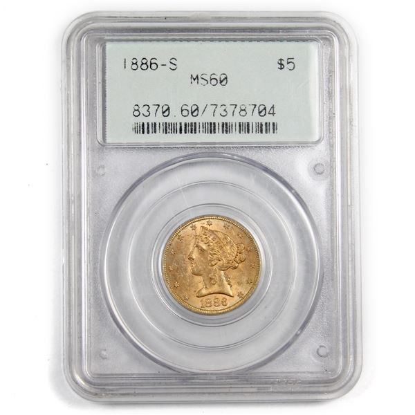 1886-S USA $5.00 Gold Half Eagle, PCGS Certified, 22K Gold Coin in MS-60 Condition. Vibrant copper t