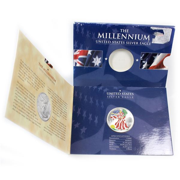 2000 USA $1 The Millennium-Silver Eagle 1oz .999 Fine Silver Coin (Tax Exempt). Colour enhancement o