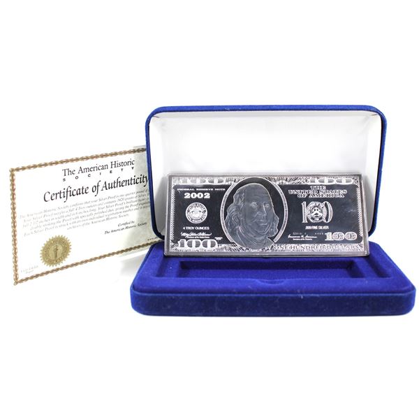 2002 American Historic Society $100 Ben Franklin 4oz .999 Fine Silver Proof Bar. Features a gradient