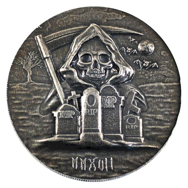 2017 Monarch Precious Metals-Grim Reaper, Antique Finish, High Relief, 5oz .999 Fine Silver Round (T