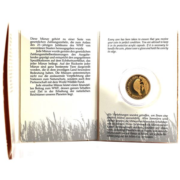 1986 Tonga 1/2 Hau, 25th Anniversary World Wildlife Fund, 10 Gram, 22K Gold Coin.  Coin features sli