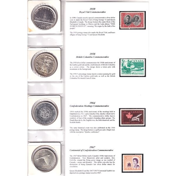 1939-1967 Commemorative Silver Dollars of Canada Coin and Stamp Collection. Contains 4x .800 Silver 