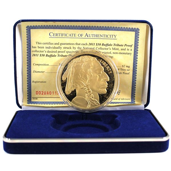 2011 National Collector's Mint $50 Buffalo Tribute Proof, 4oz .999 Fine Silver, 24K Gold-Clad Non-Mo