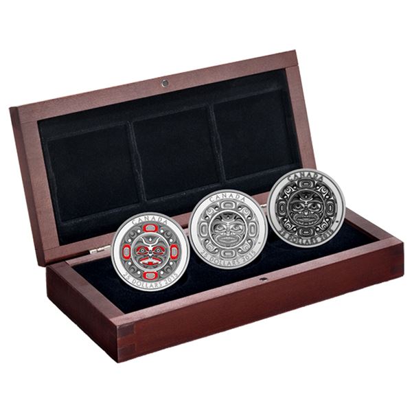 2015 The Royal Canadian Mint $25 Singing Moon Mask .999 Fine Silver 3-Coin Set. Set includes Singing
