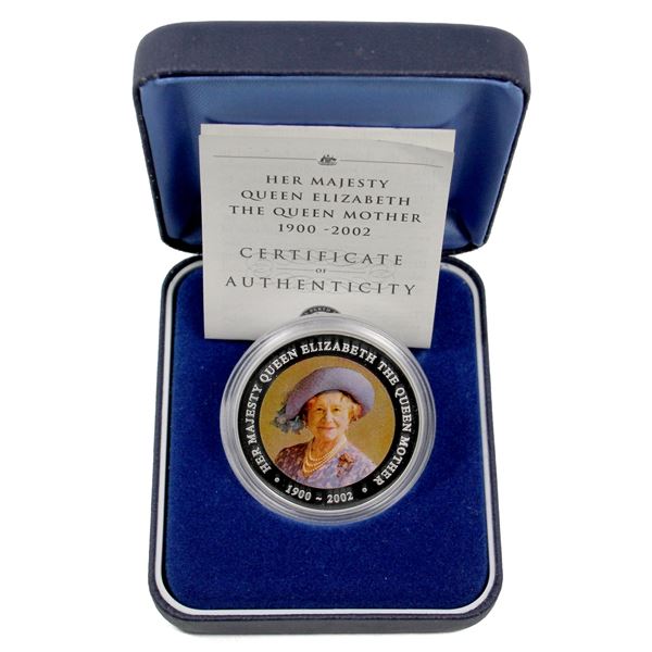 2002 Cook Islands-Perth Mint $1 Queen Elizabeth-The Queen Mother (1900-2002) 1oz .999 Fine Silver Co