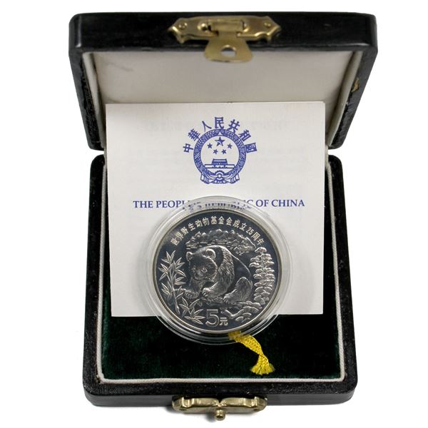 1986 China 5 Yuan, 25th Anniversary of World Wildlife Fund, Giant Panda .900 Proof Silver Coin. Slig