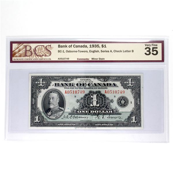 BC-1, 1935 Canada $1 Osborne-Towers, English, Series A, Check Letter B, A05, BCS Certified Banknote 