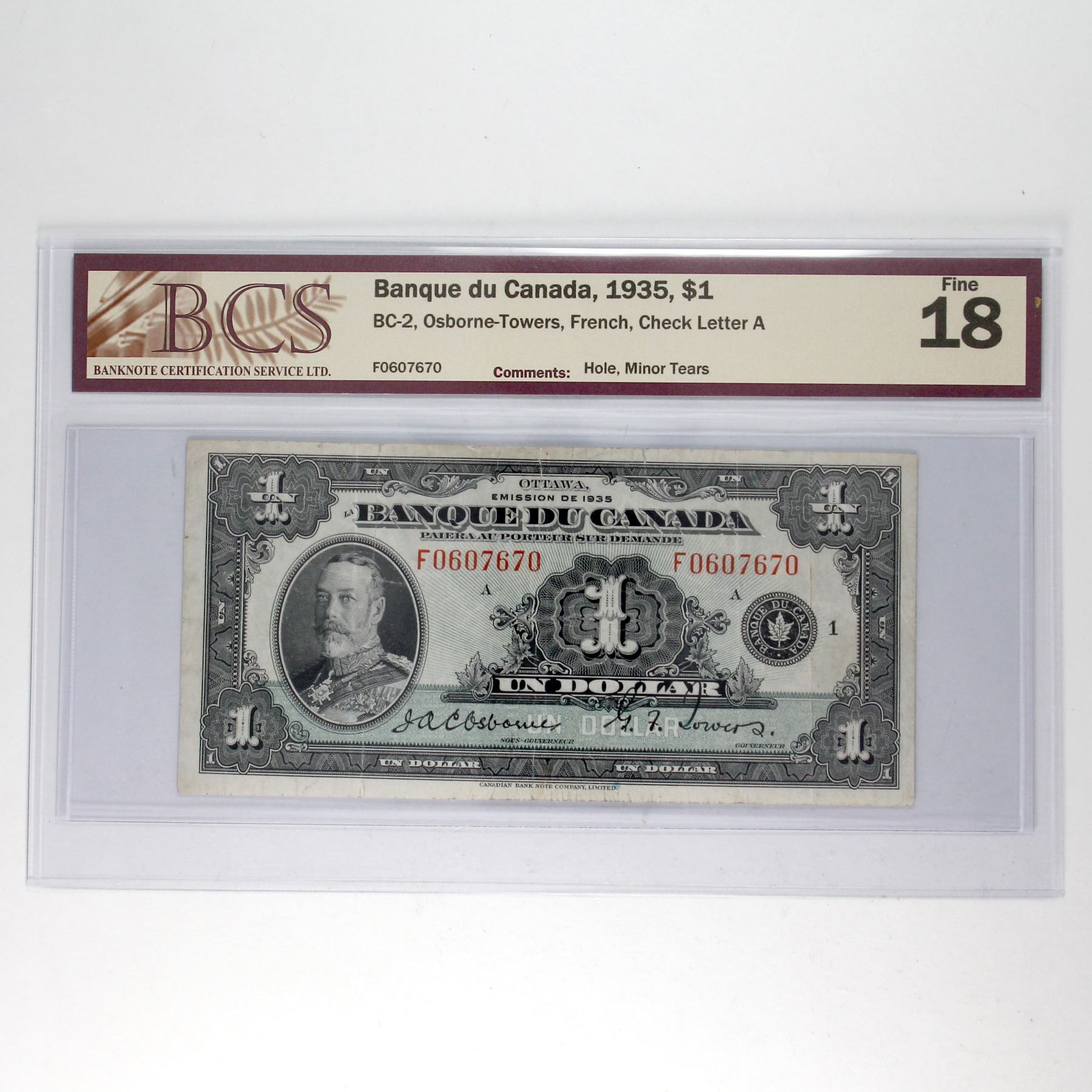 BC-2, 1935 Banque du Canada $1 Osborne-Towers, French, Check Letter A ...