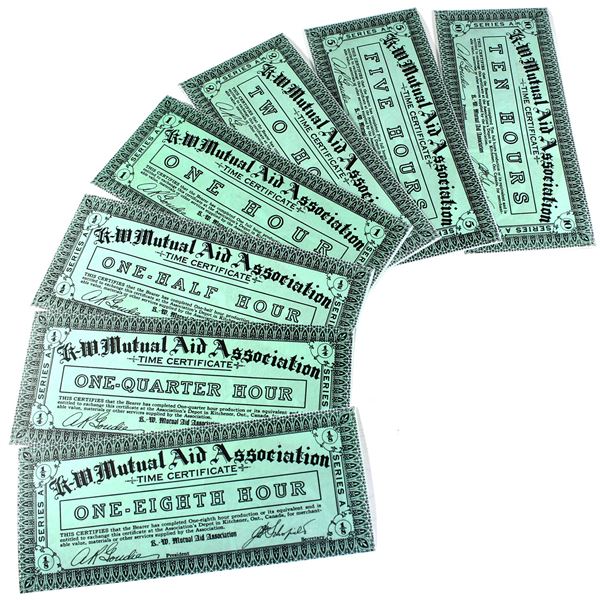 Lot of 7x Canadian Scrip-CH DE-080-1a to DE-080-1g. Municiple Depression Scrip from Kitchener-Waterl