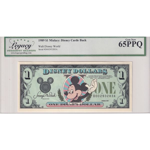 1989 Disney $1 Mickey: Disney Castle Back Legacy Grading (LCG) Certified in Gem New 65 PPQ Condition
