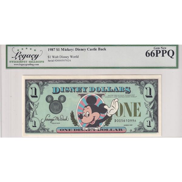 1987 Disney $1 Mickey; Disney Castle Back Legacy Grading (LCG) Certified in Gem New PPQ Condition. C