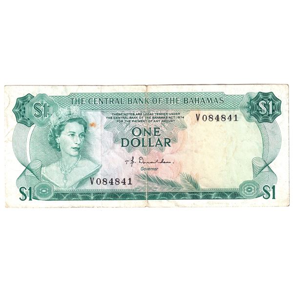 1974 Bahamas $1, Pick #35a, Donaldson, Banknote in EF (damaged) Condition.