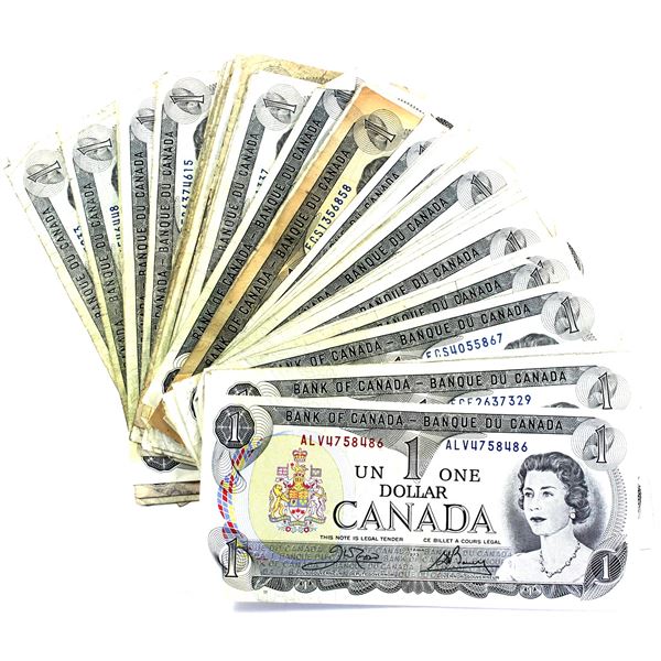 Estate Lot of 53x 1973 Canada $1 Notes in Circulated Condition. Lot Includes: 47x Crow-Bouey & 6x La