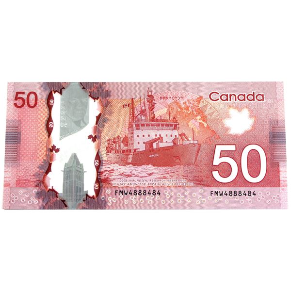 BC-72a-i 2012 Canada $50, Neat Serial Number FMW4888484, Banknote in EF-AU Condition.