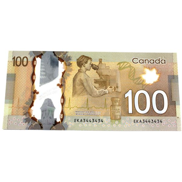 BC-73a 2011 Canada $100, Neat Serial Number EKA3443434, Banknote in CUNC Condition.