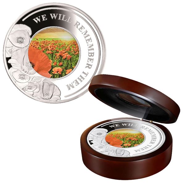2019 Solomon Islands $10 Red Poppy- We Will Remember Them  5oz Fine Silver Coin with Glass Inlay.