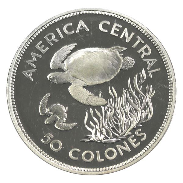 1974 Costa Rica 50 Colones, Green Turtle .925 Proof Silver Coin (.8410oz). Soft gold toning. Encapsu