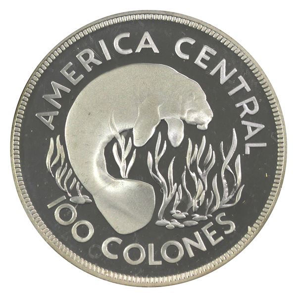 1974 Costa Rica 100 Colones, Manatee .925 Proof Silver Coin (1.04oz). Soft gold toning with vivid br