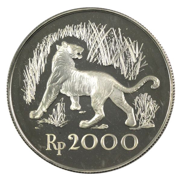 1974 Indonesia 2000 Rupiah, Javan Tiger .925 Proof Silver Coin (.8410oz). Soft gold toning with frec