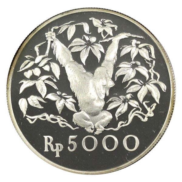 1974 Indonesia 5000 Rupiah, Orangutan .925 Proof Silver Coin (1.04oz). Soft gold toning with vivid b