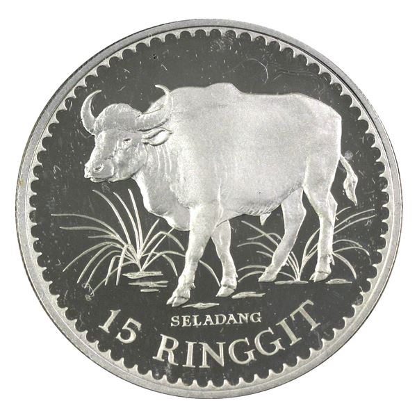 1977 Malaysia 15 Ringgit, Malaysian Gaur .925 Proof Silver Coin (.8410oz). Soft gold toning with fre
