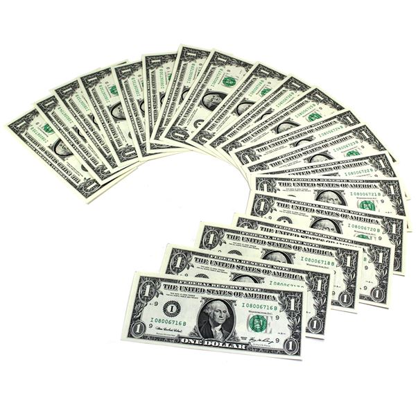 19x Consecutive 2006 United States One Dollar banknotes Serial # I08006716B-I08006735B. 19pcs