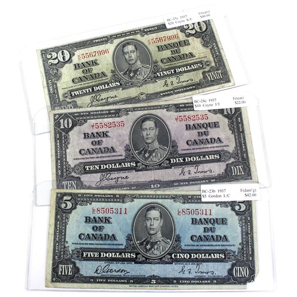 Lot of 3x 1937 Canada Bank Notes: BC-37b 1937 $5 Gordon LC, BC-24c 1937 $10 Coyne JT & BC-25C $20 19