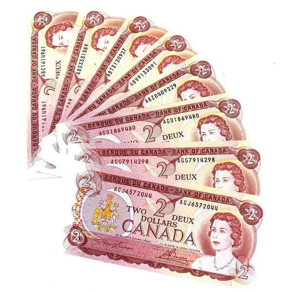 8x 1974 BC-47a-I Canada Two Dollar notes AU-UNC. 8pcs