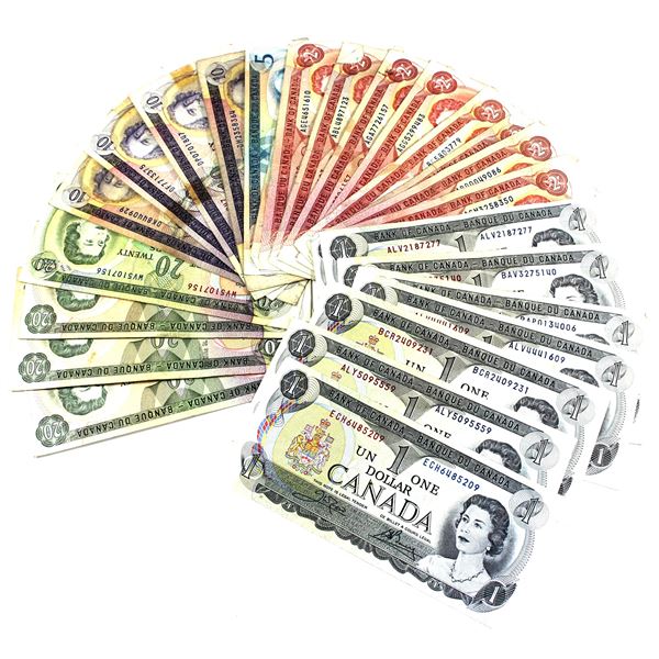 26x Canada $1, $2, $5, $10 & $20 Bank Notes $156 Dollar face value.