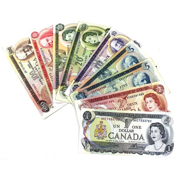9x Canada $1, $2, $5, $10, $20, $50 & $100 Bank Notes. 9pcs