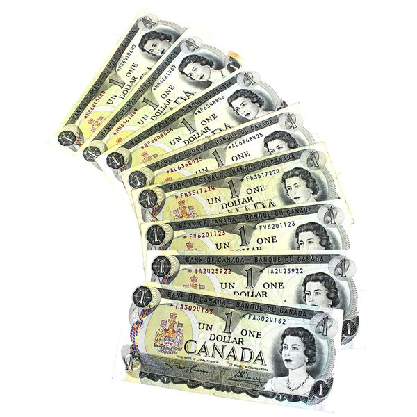 8x 1973  Replacement $1 Bank Notes. Lot includes the following prefix letters: *FA, *IA, *FV, *FN, *