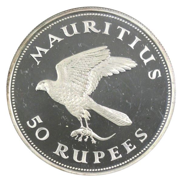 1975 Mauritius 50 Rupees, Mauritus Kestrel .925 Proof Silver Coin (1.04oz). Soft gold toning with fr