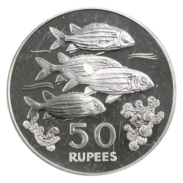 1978 Seychelles 50 Rupees, Squirrel Fish .925 Proof Silver Coin (.8410oz). Soft gold toning. Encapsu