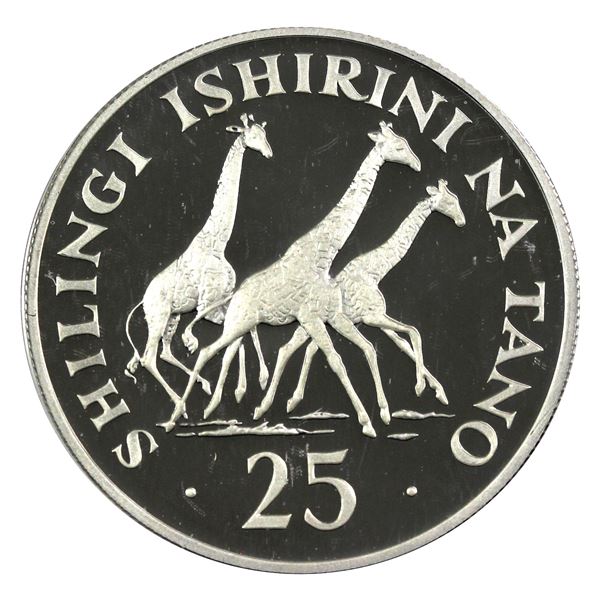 1978 Tanzania 25 Shilingi, Three Giraffes .925 Proof Silver Coin (.8410oz). Soft gold toning. Encaps