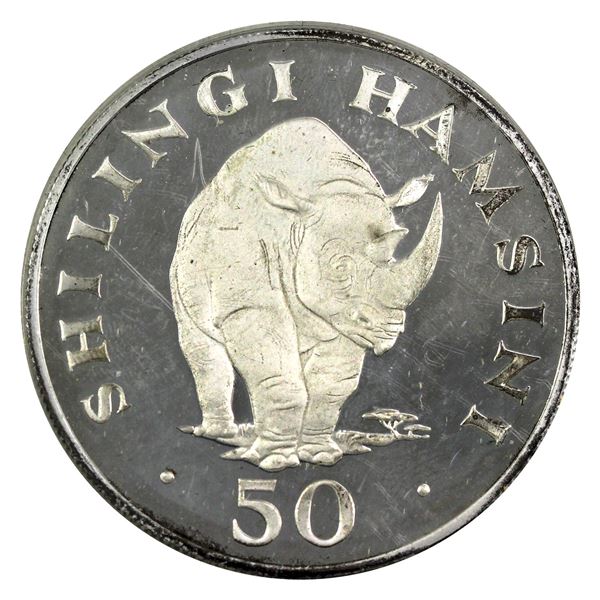 1974 Tanzania 50 Shilingi, Black Rhinoceros .925 Proof Silver Coin (1.04oz). Soft gold toning with d